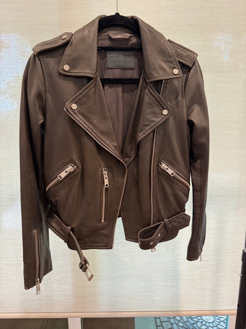 ALLSAINTS Balfern Leather Biker Jacket Dark Olive-Brown Moto Jacket - RARE COLOR - Picture 10 of 13
